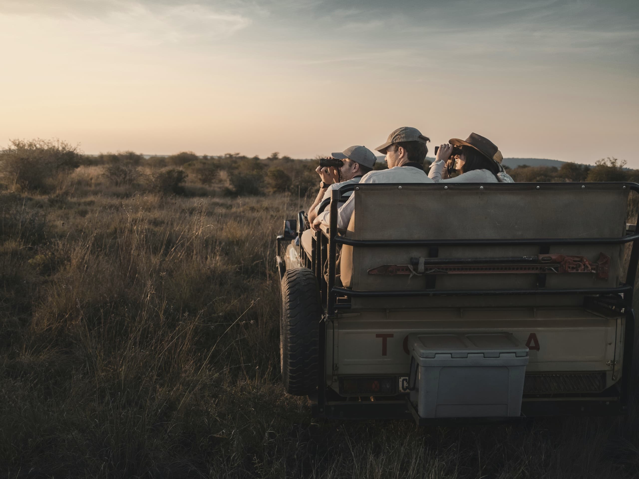 Gäste im offenen Geländewagen bei der Wildbeobachtung