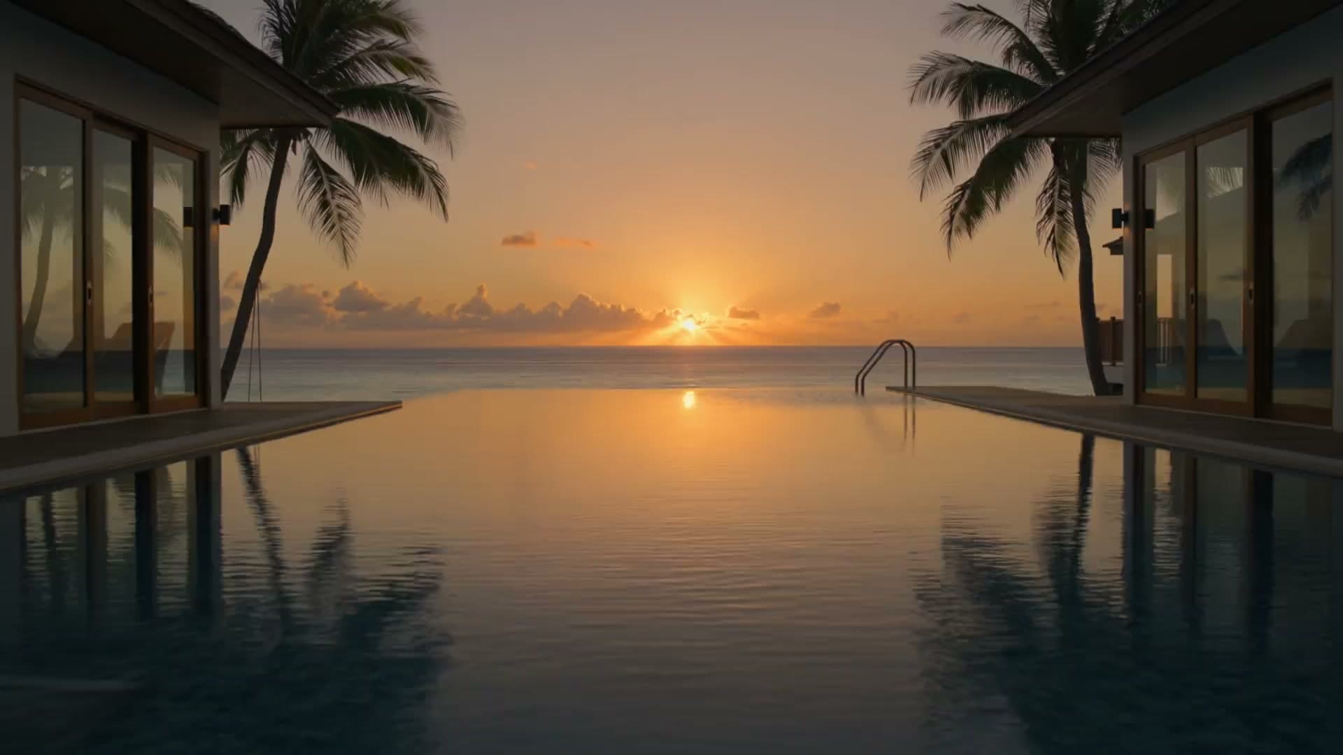 Infinity-Pool mit Palmen im Sonnenuntergang