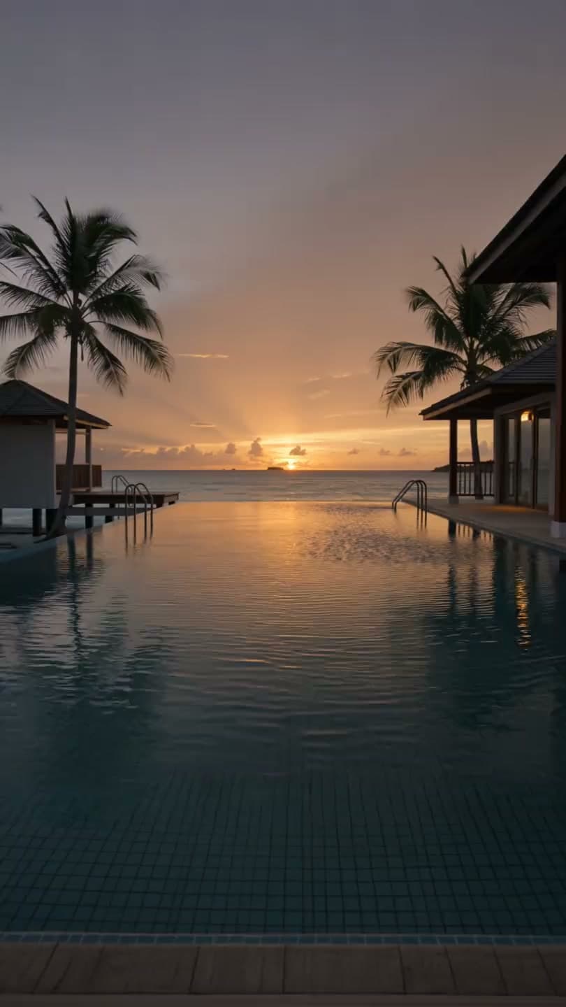 Infinity-Pool mit Palmen im Sonnenuntergang